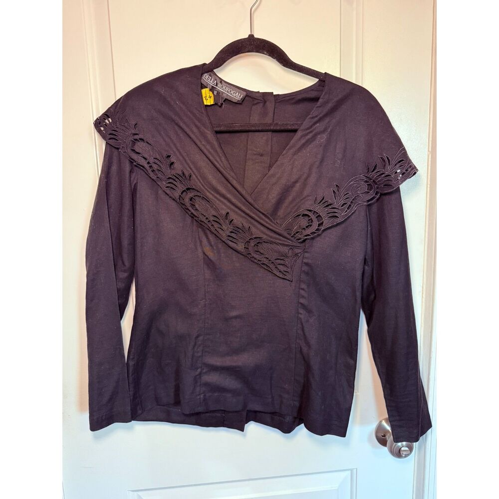 Vintage Black Linen Blend Cutout Collar Blouse 90s 90s Whimsigoth Dark Academia